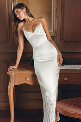 Lace Panel V Neck Cutout Back Tie Evening Slip Dress