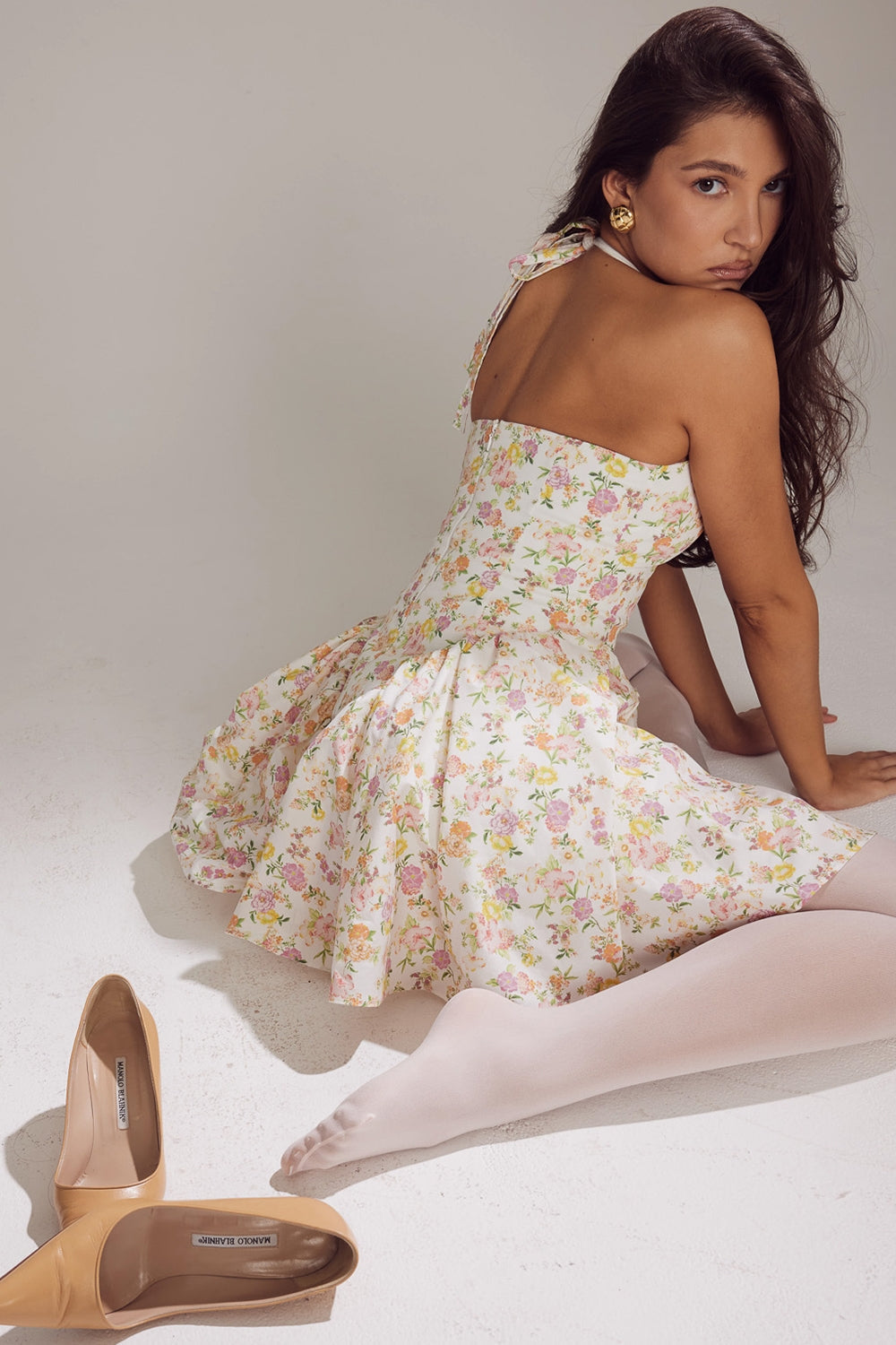 Floral Print Halter Plunge Drop Waist Flared Mini Dress 10