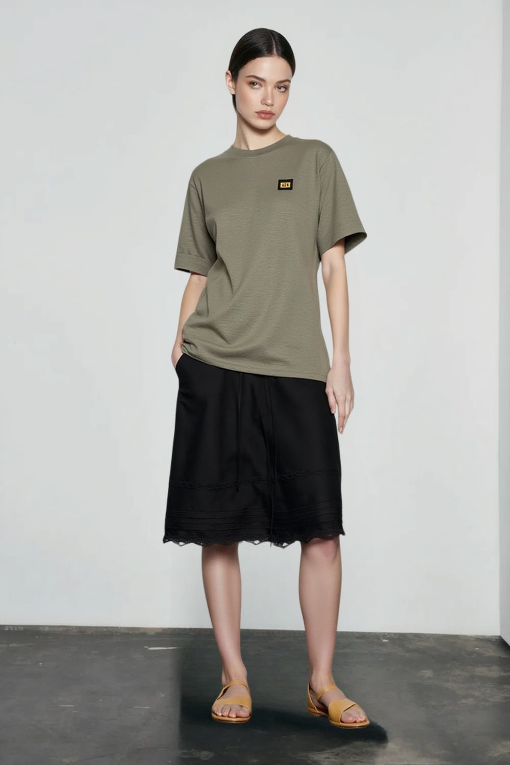 Drawstring Waist Pintuck Scalloped Lace Trim Knee Length Skirt