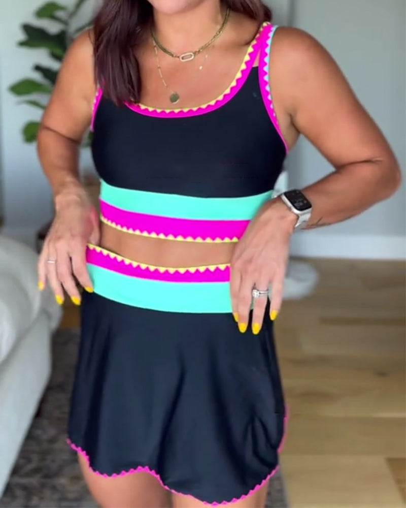 Color Block Scallop Trim Tankini Top and Swim Skirt Set