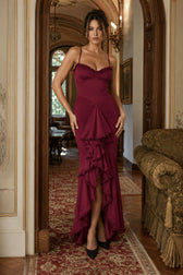Solid Deep V Backless Ruffle Pleat Slip Dress