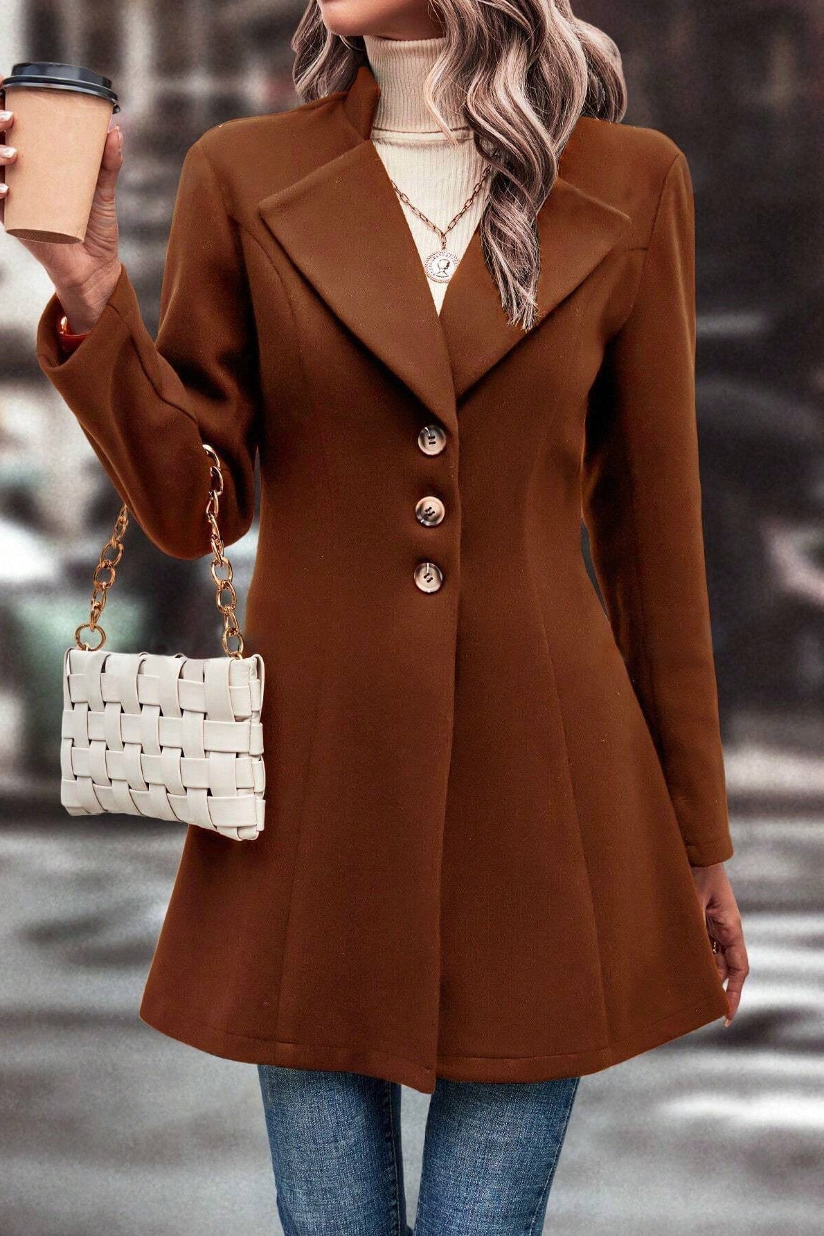 Notched Lapel Single Breasted Fit and Flare Longline Coat 4