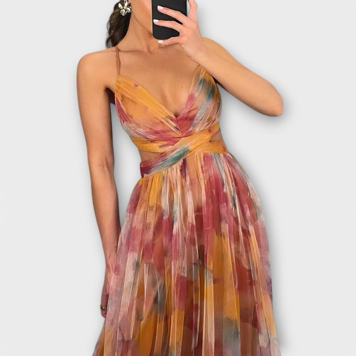Strapless Sweetheart Floral Print High Split Tulle Maxi Gown
