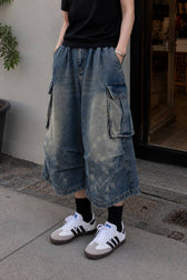 Multi Pocket Ruched Cargo Relaxed Straight Jeans