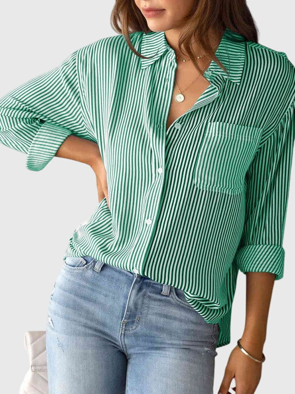 Striped Collared Three Quarter Sleeve Button Front Shirt