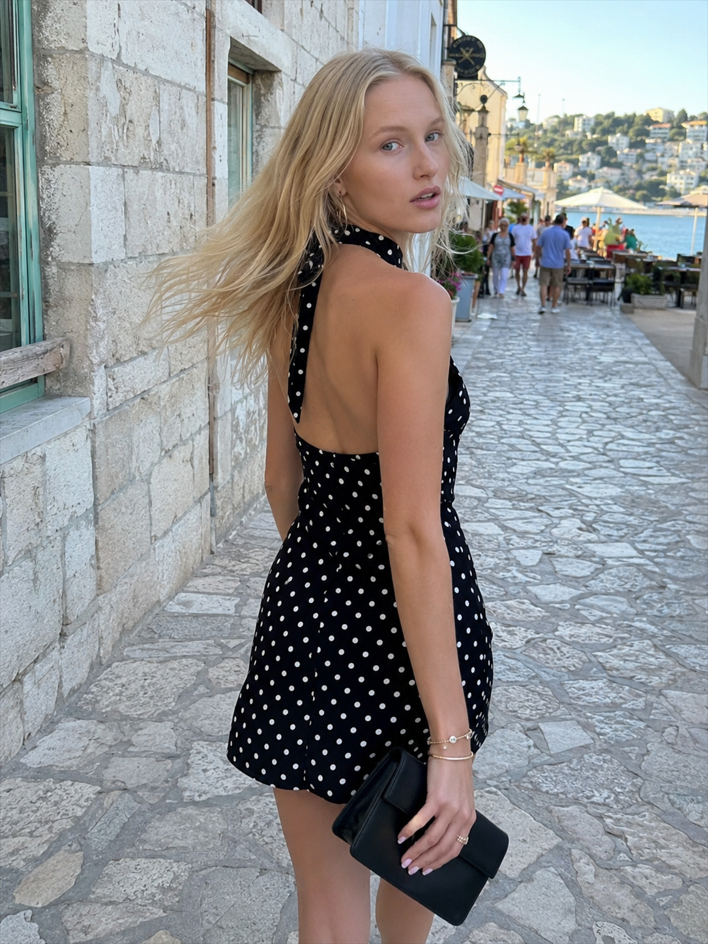 Polka Dot Halter Backless Bodycon Mini Dress