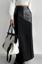 PU Leather Panel High Waist Slit Skirt