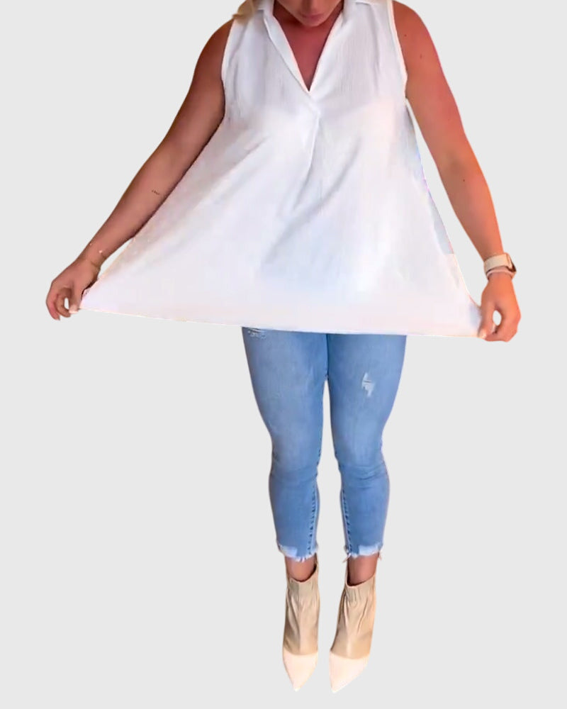 Collared Sleeveless High Low Blouse