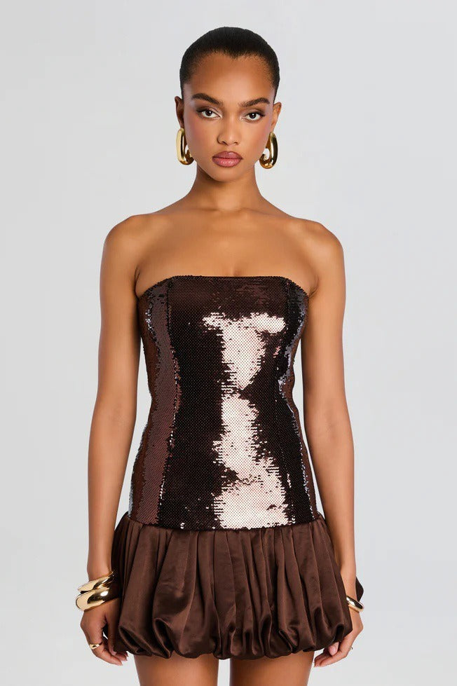 Sequin Strapless Bubble Hem Mini Dress