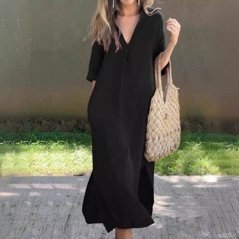 Collared V-Neck Short Sleeve Side Split Maxi Dress
