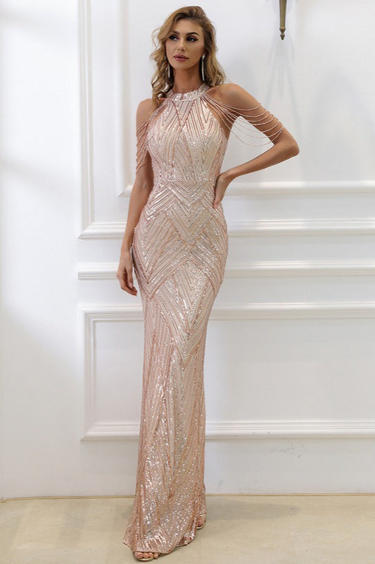 Sequin Halter Neck Beaded Fringe Mermaid Gown