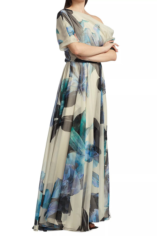 Sandy Aesthetic Unique Printed Bohemian Short Sleeve One Shoulder Maxi Dress Premium Edit