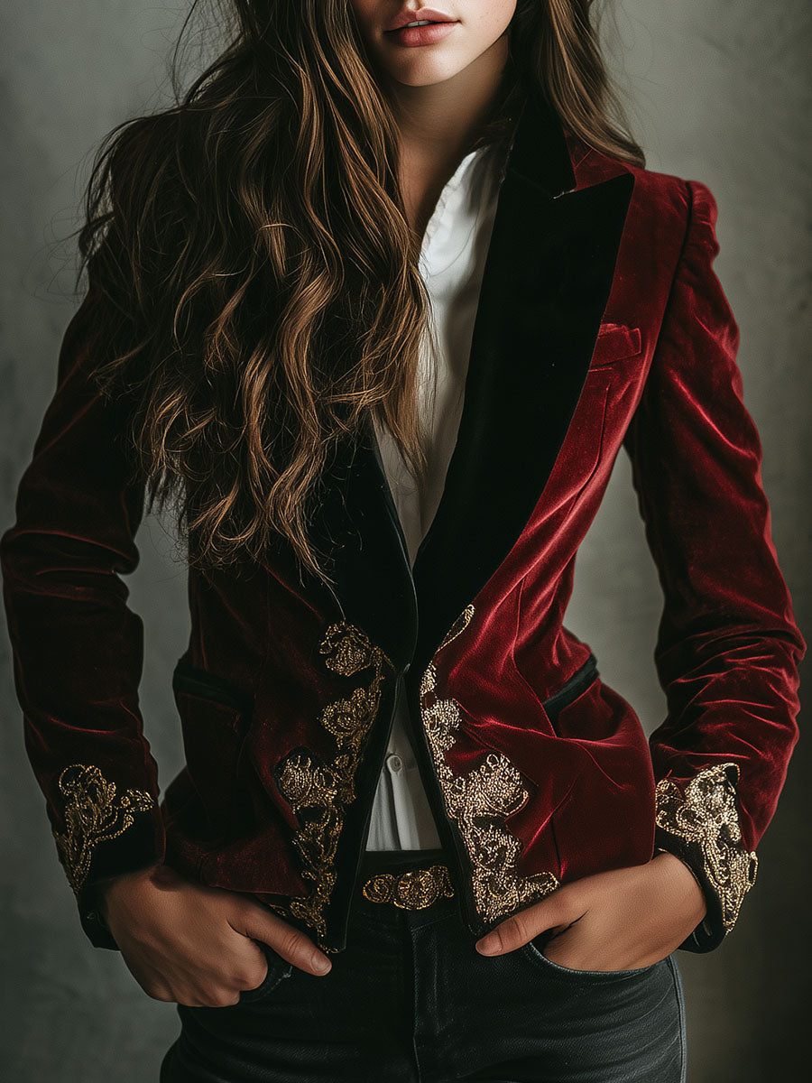 Embroidered Contrast Lapel Velvet Blazer