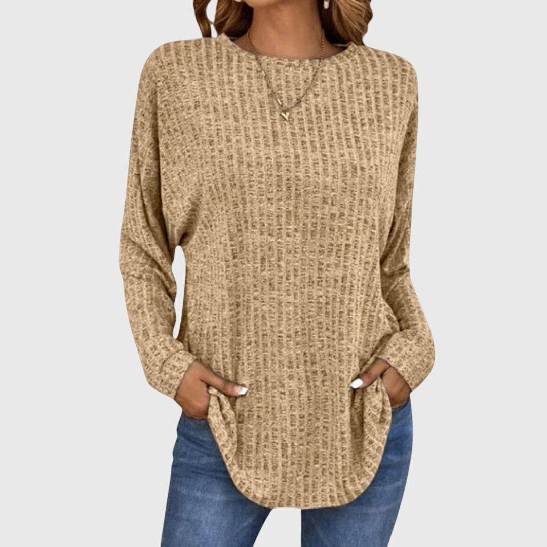 Crew Neck Long Sleeve Ribbed Knit Curved Hem Top