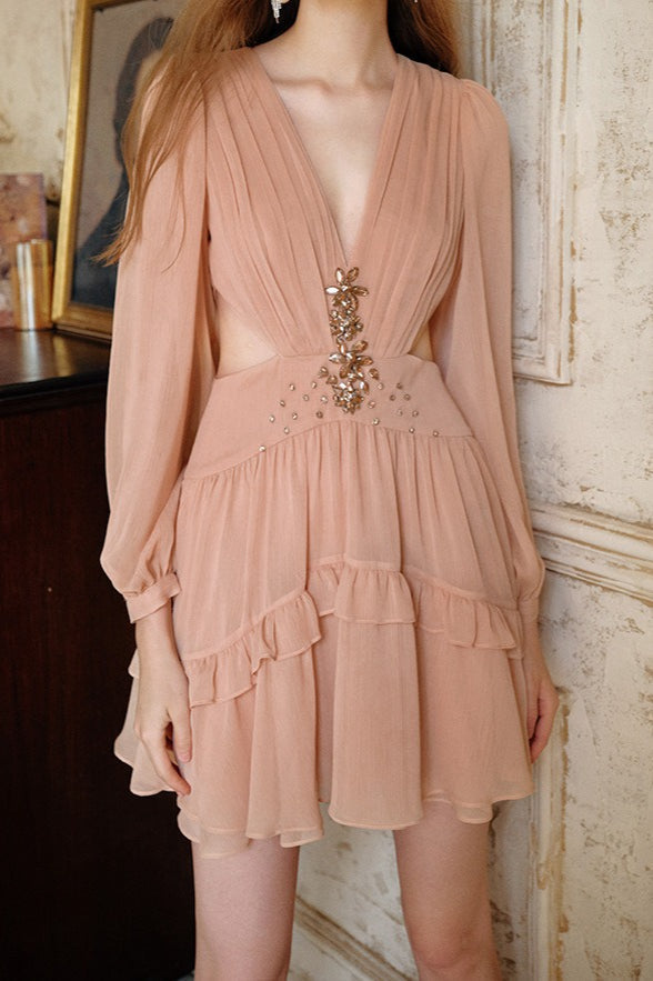 Deep V-Neck Long Sleeve Cut Out Waist Rhinestone Chiffon Ruffle Mini Dress