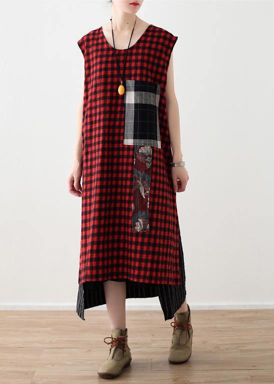 Gingham Plaid Patch Pocket Sleeveless Tiered Hem Loose Midi Dress