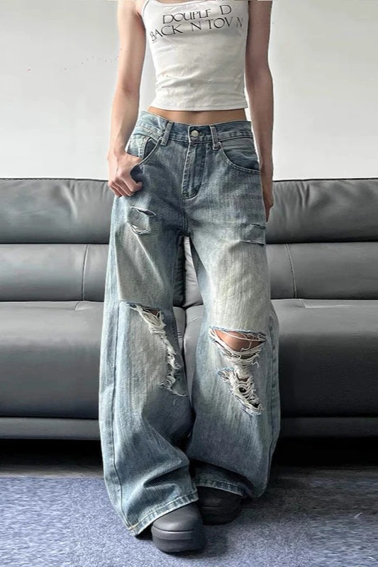 High Waist Ripped Wide-Leg Jeans