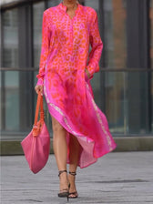 Leopard Print Long Sleeve Button Front High Low Maxi Dress