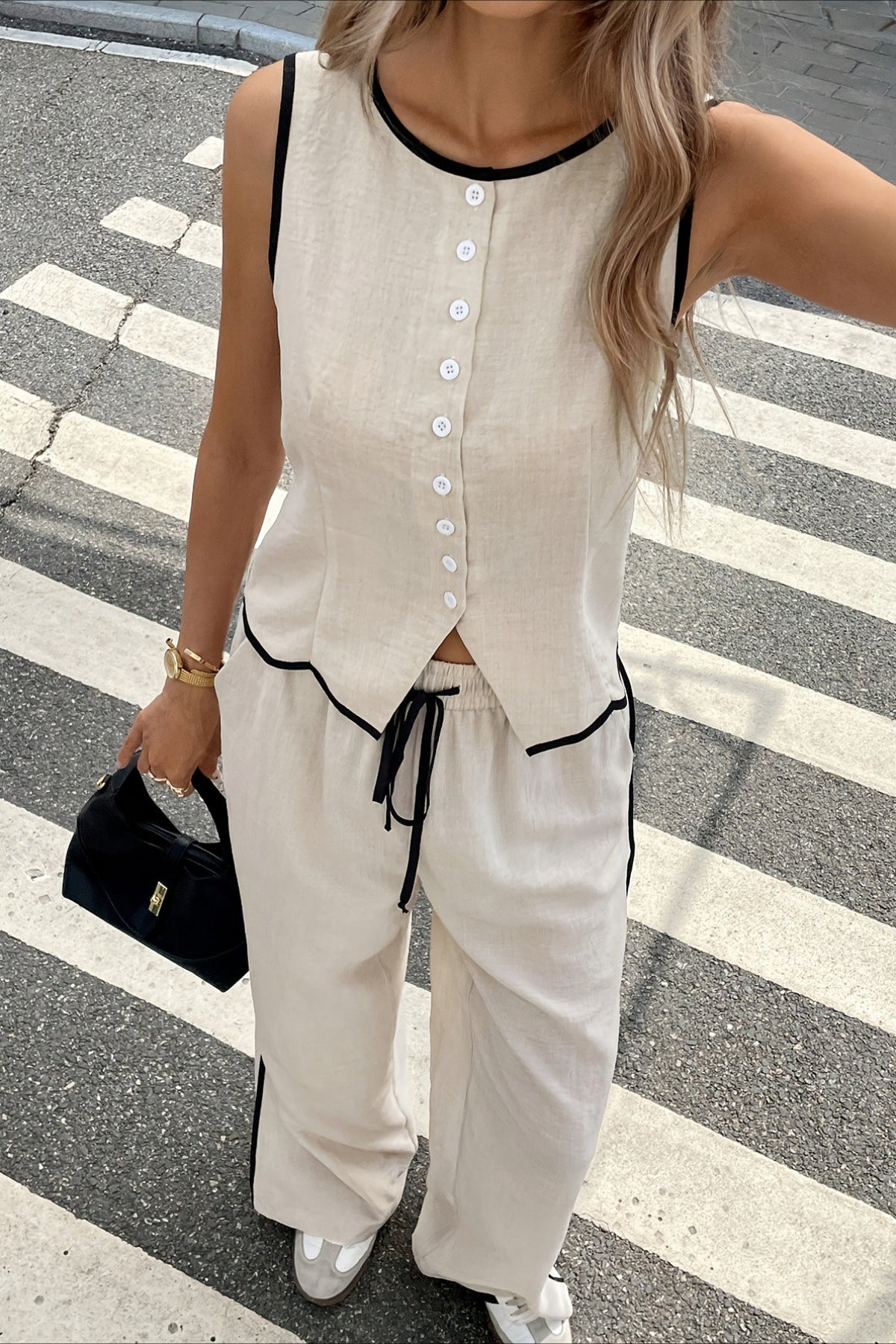 Contrast Trim Button Front Vest and Drawstring Wide Leg Pants Two Piece Set 4