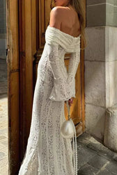 White Off Shoulder Long Sleeve Lace Maxi Dress 3