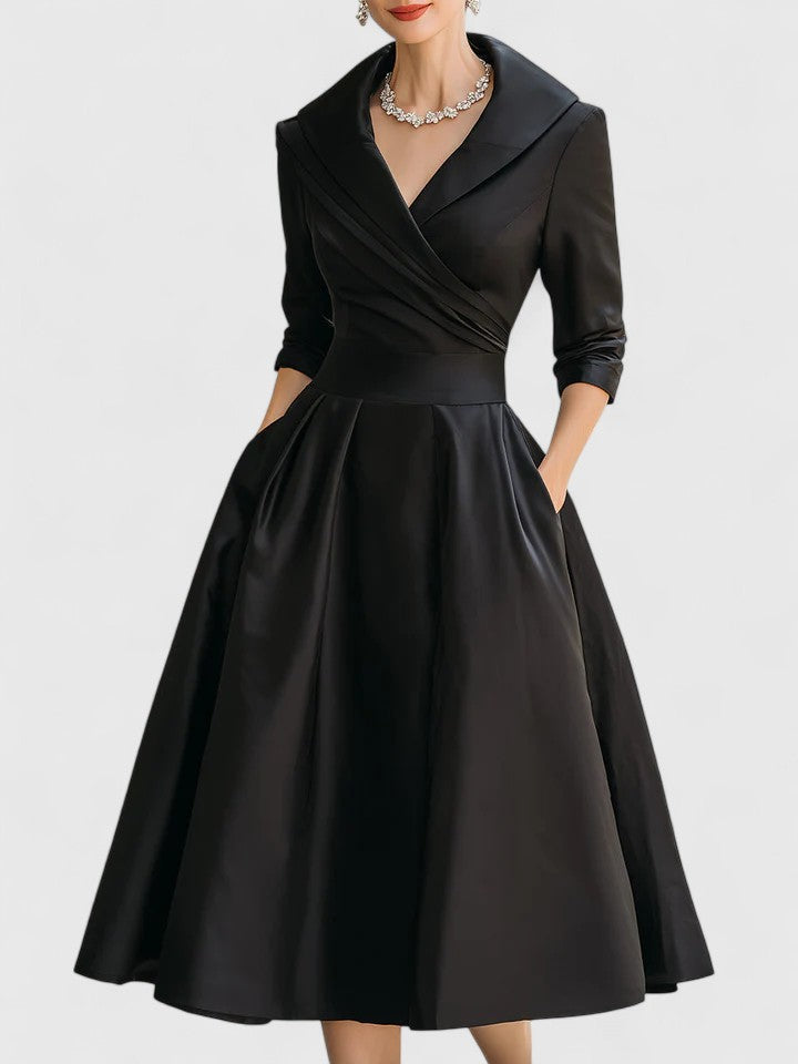 Satin Collared Long Sleeve Fit and Flare Midi Dress