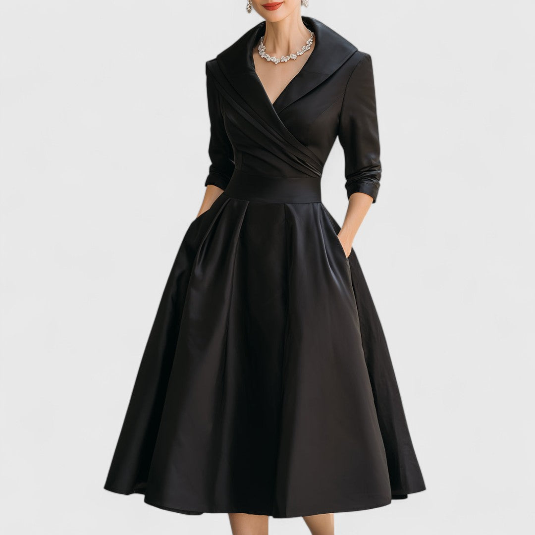 Satin Shawl Collar Wrap Fit and Flare Midi Dress
