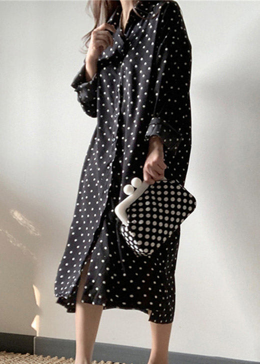 Polka Dot Shirt Collar Long Sleeve Side Slit Midi Shirt Dress