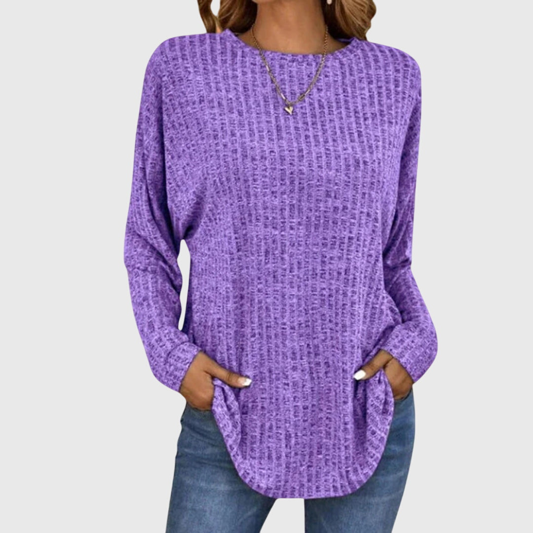 Crew Neck Long Sleeve Ribbed Knit Curved Hem Top