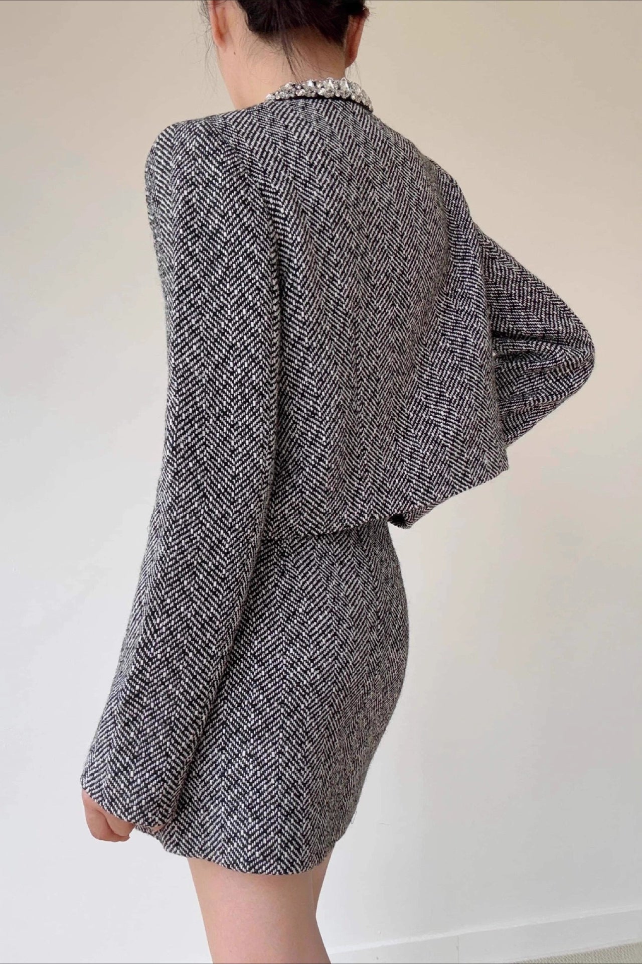 Gray Herringbone Boucle Skirt Tweed Suit Set