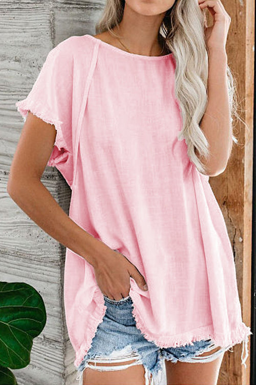 Raw Edge O Neck Short Sleeve T Shirt