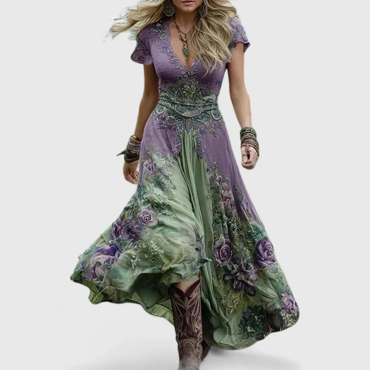 V-Neck Short Sleeve Floral Embellished Waist Maxi Dress