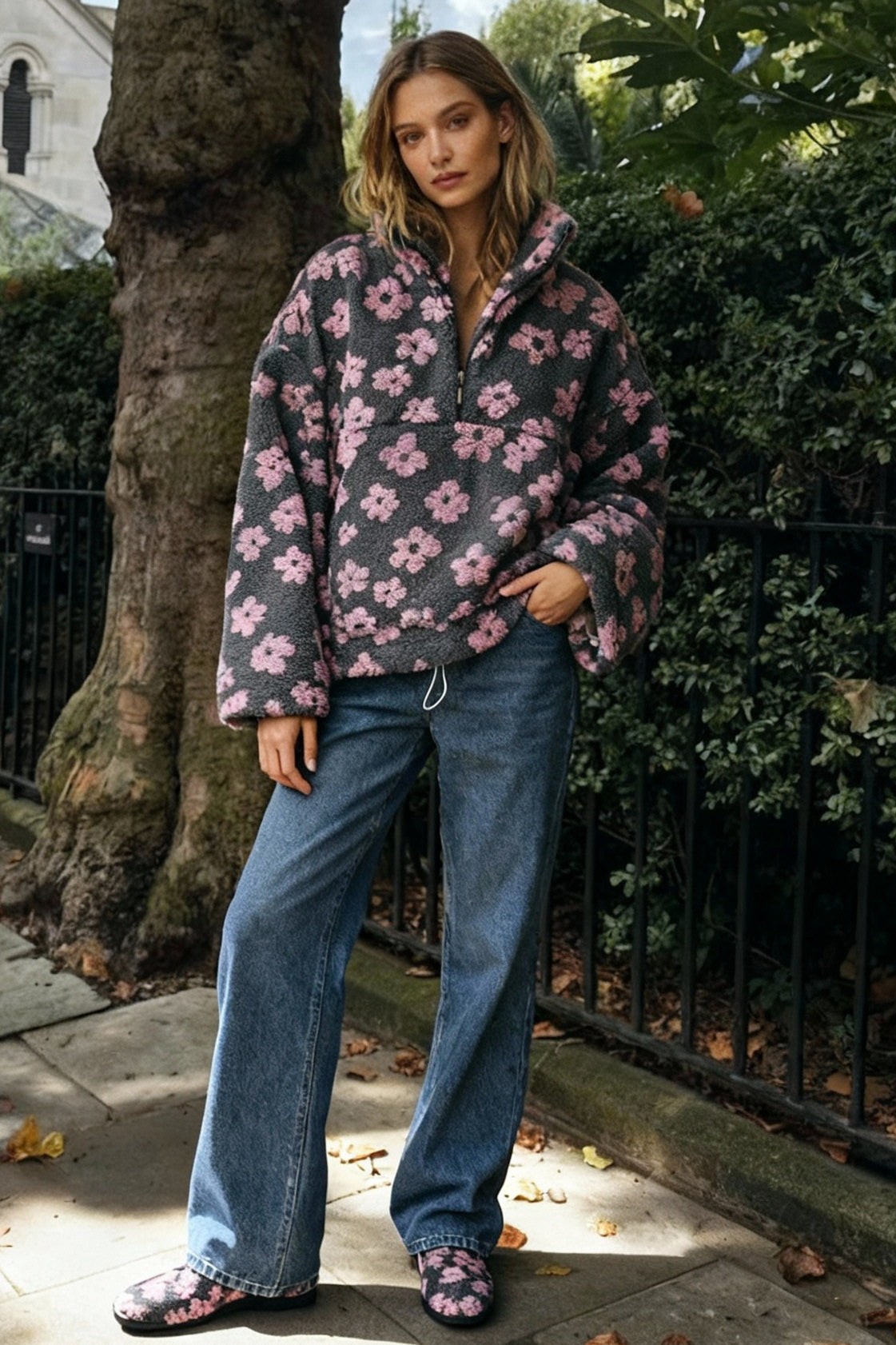 Floral Fleece Half Zip Stand Collar Oversized Sweatshirt 3