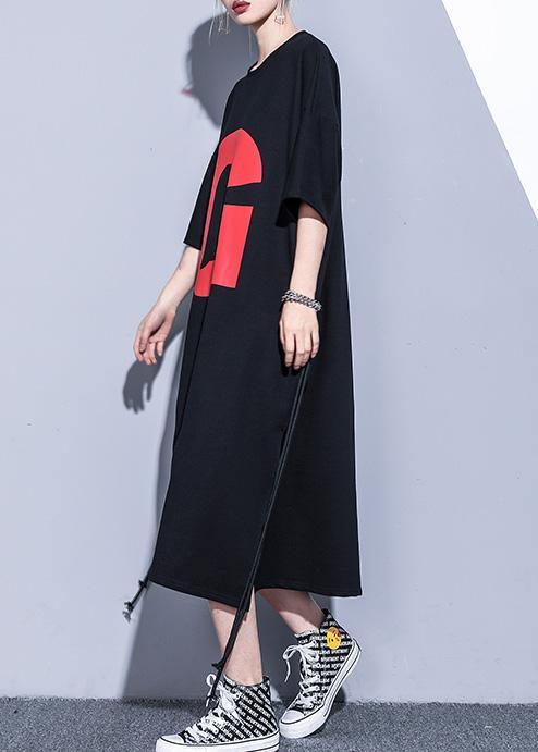 Graphic Letter Oversized Crew Neck Short Sleeve Side Slit Drawstring Midi Dress
