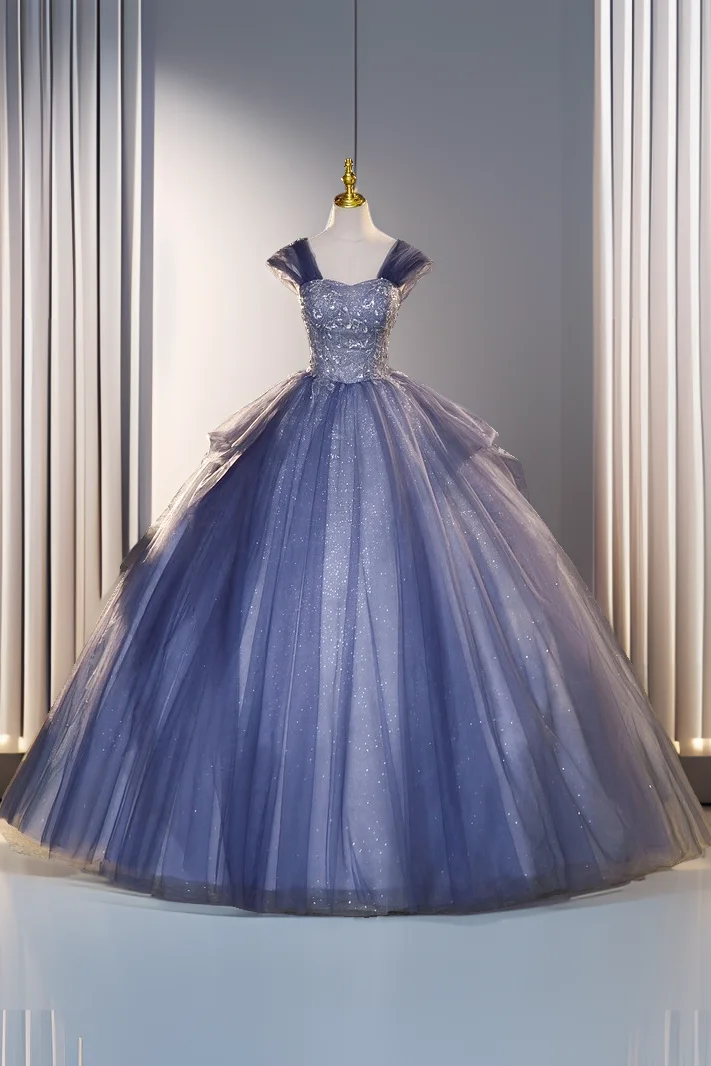 Blue Off The Shoulder Sequins Tulle Evening Dress Sweet 16 Dress cc1725