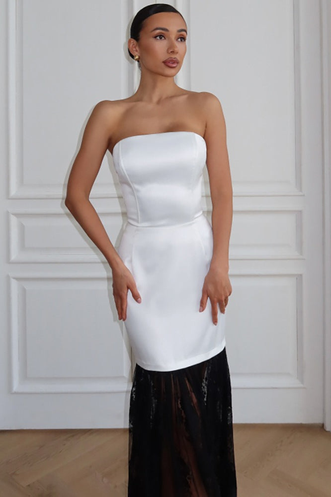 Strapless Lace Panel Backless Tie Maxi Lace Dress