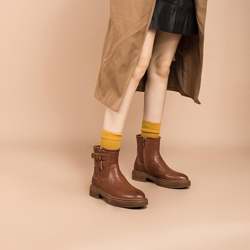 Full Grain Leather Short Boots Designer Retro Chunky Riding Boots Side Zip Buckle Boots Brown/Black