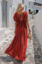 Button Front Drawstring Waist Maxi Boho Dress
