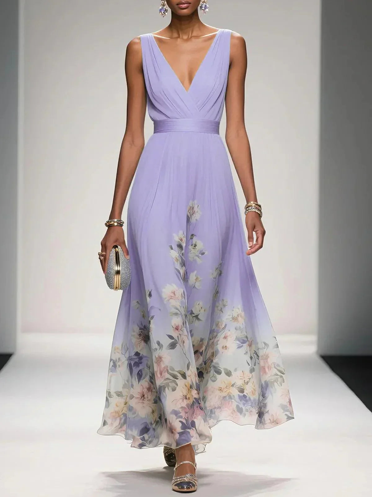 Floral Chiffon Deep V-Neck Sleeveless Pleated Maxi Dress 6