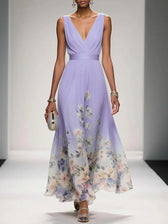 Floral Chiffon Deep V-Neck Sleeveless Pleated Maxi Dress 6