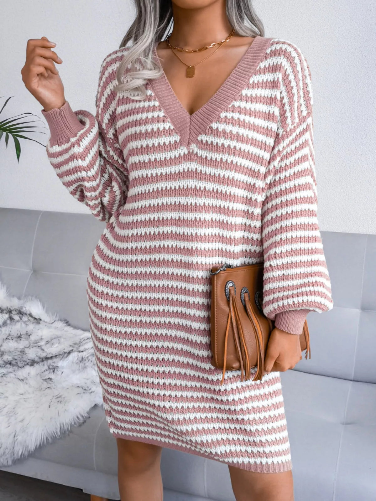 Striped Knit V-Neck Balloon Sleeve Oversized Sweater Dress 2