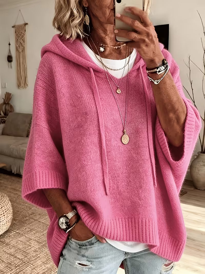 Hooded Drawstring Oversized Knit Poncho Sweater