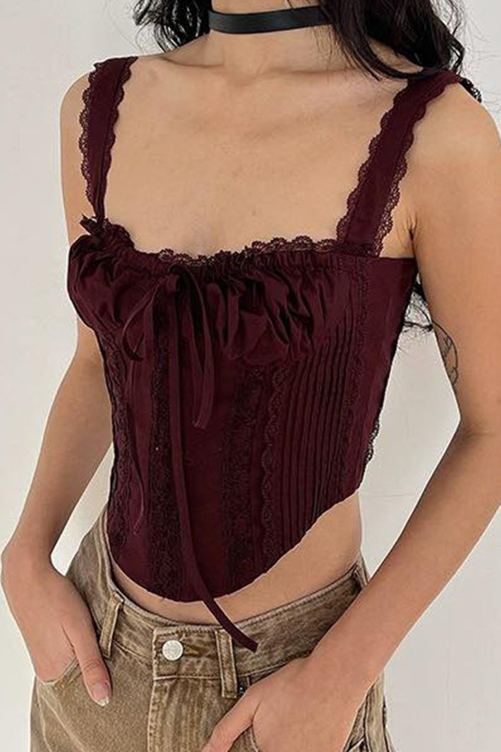 Lace Panel Tie Front Crop Cami Top