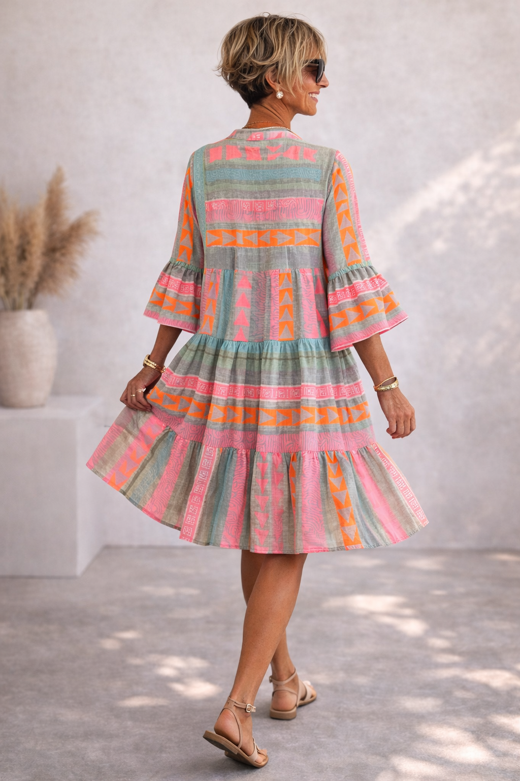 Geometric Print Split Neck Bell Sleeve Tiered Mini Dress Summer