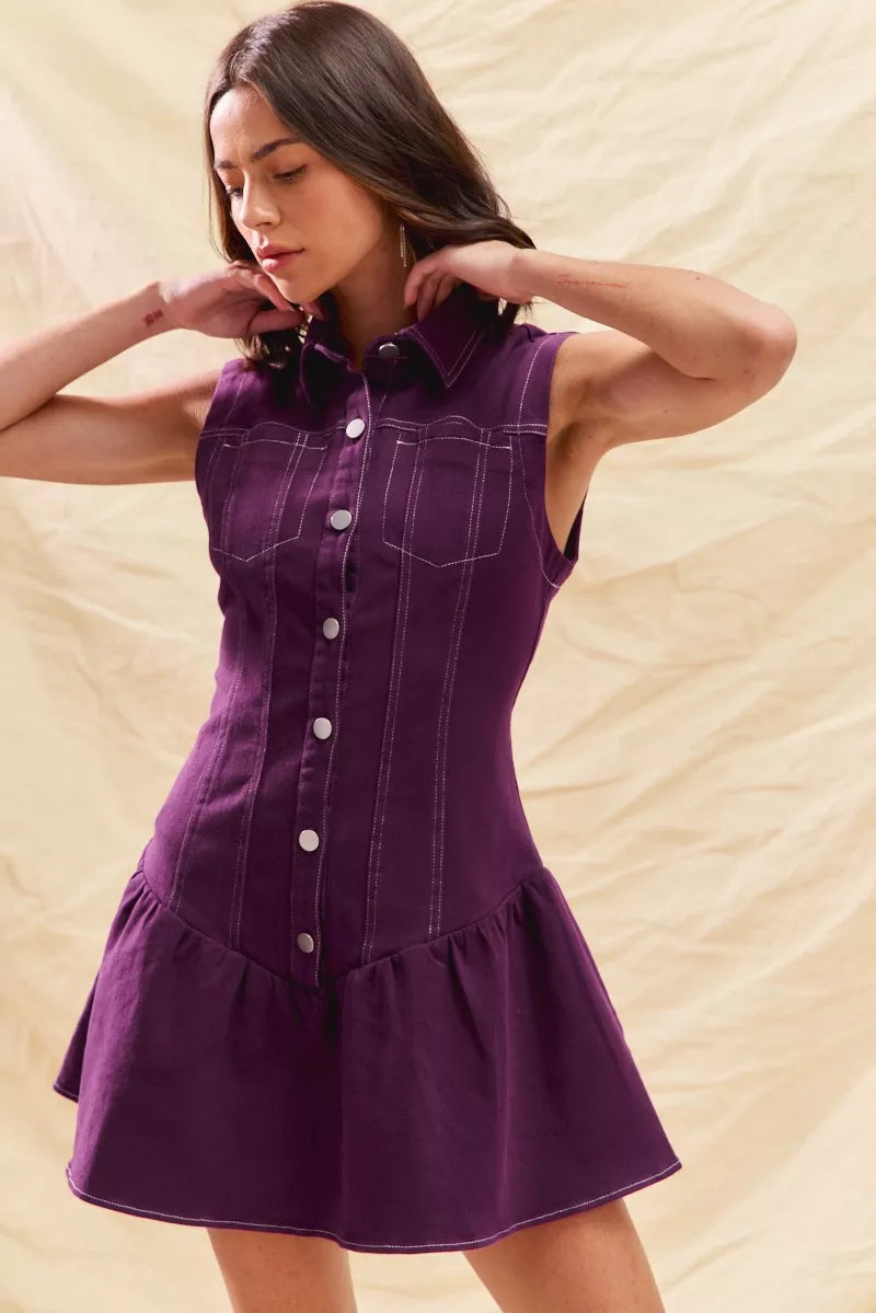 Contrast Stitch Collared Sleeveless Button Front Drop Waist Mini Dress 13