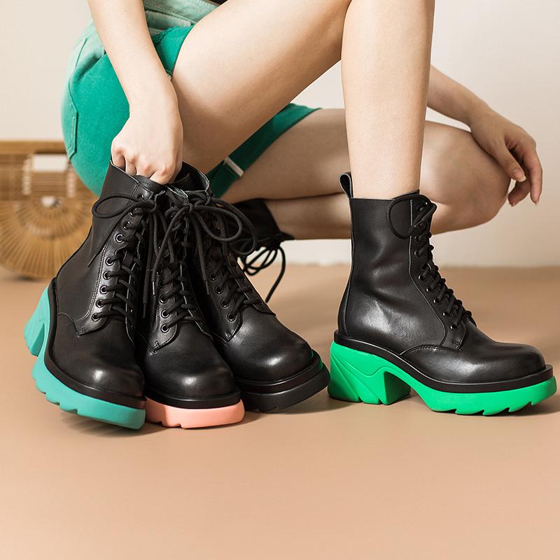 Colorful Sole Leather Boots Designer Retro Chunky Riding Boots High Heel Handmade