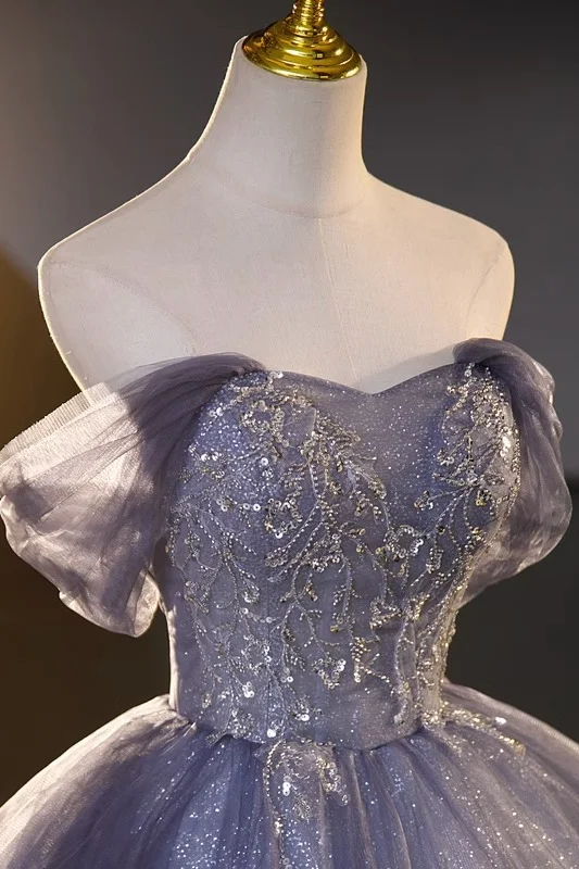 Blue Off The Shoulder Sequins Tulle Evening Dress Sweet 16 Dress cc1725