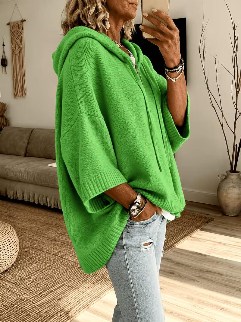 Hooded Drawstring Oversized Knit Poncho Sweater
