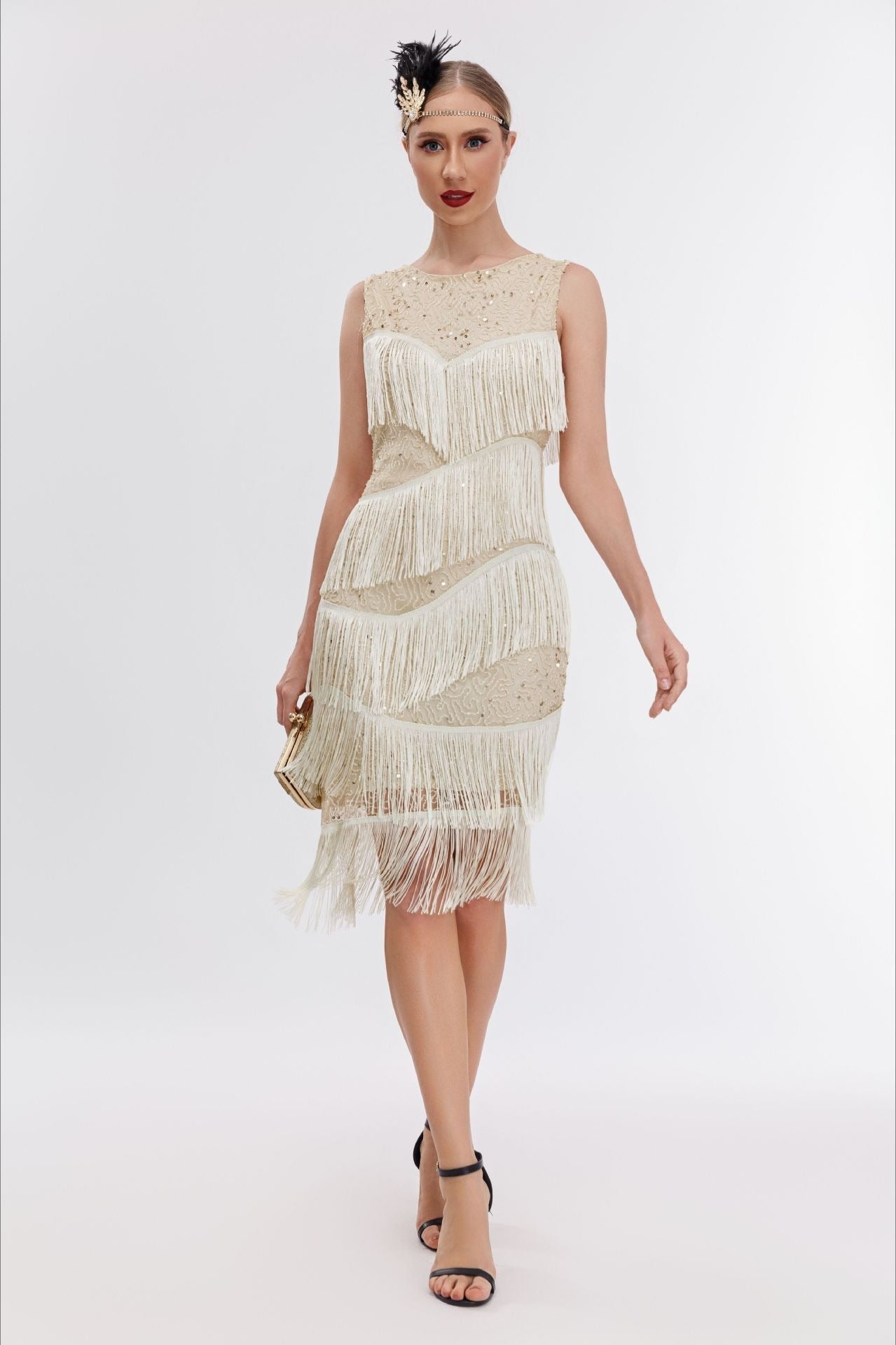 Sequin Beaded Tiered Fringe Sleeveless Shift Mini Cocktail Dress