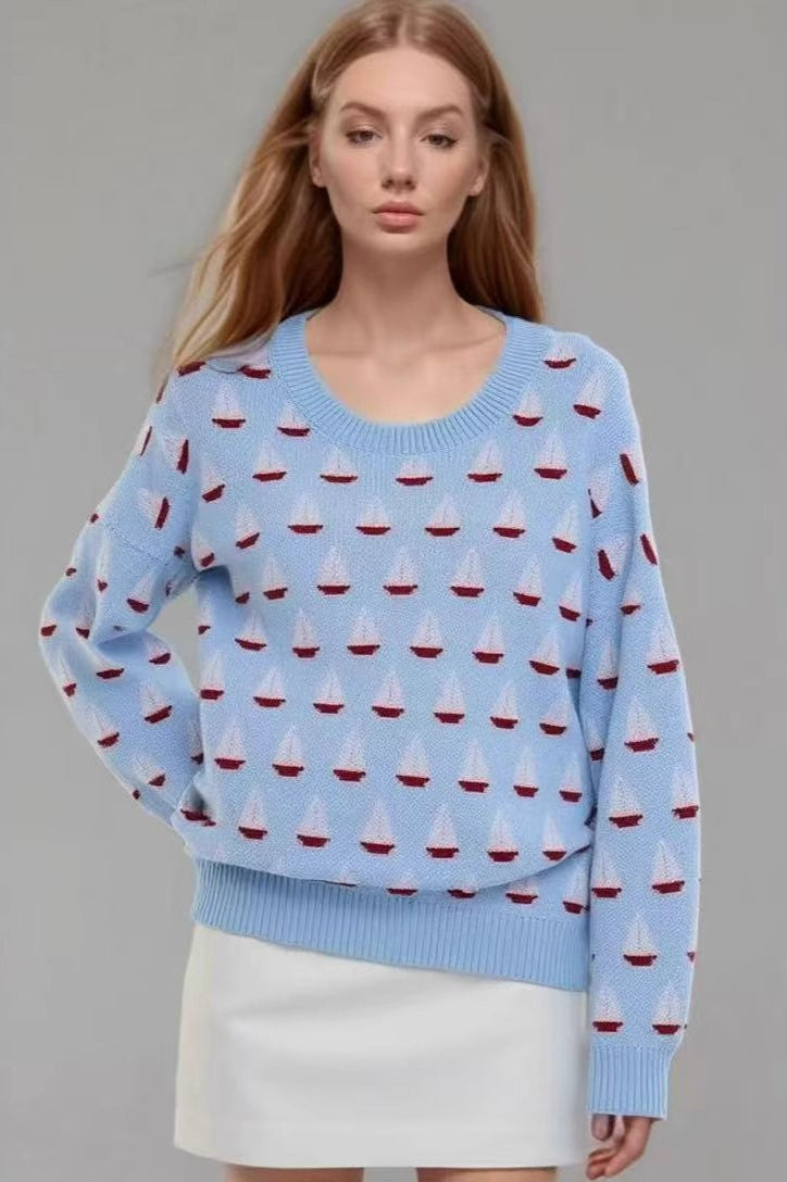 Casual Sailboat Jacquard Pullover Sweater