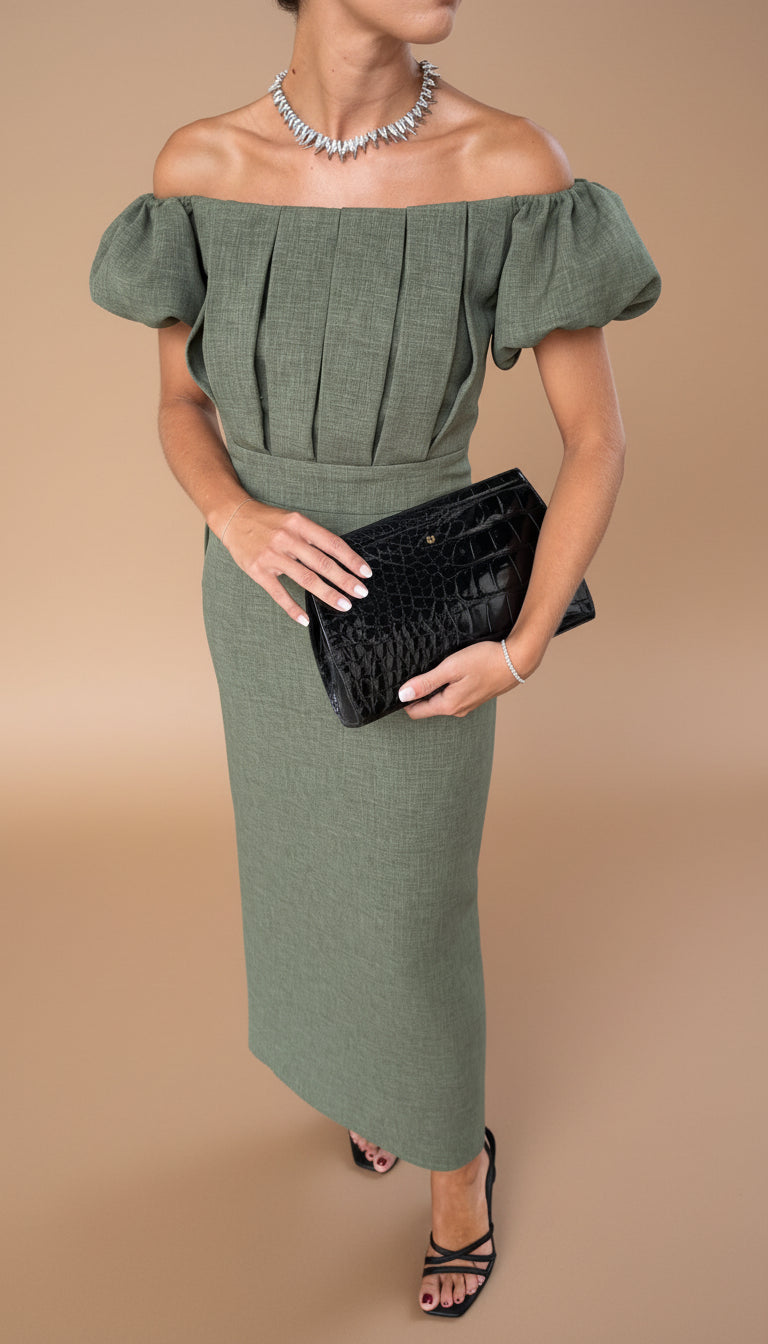 Off Shoulder Puff Sleeve Pleated Bodice Column Maxi Dress